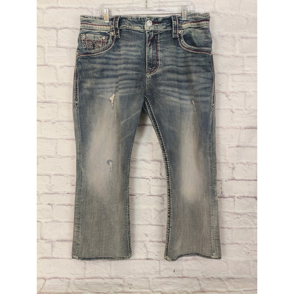 Rock Revival Caiden Straight Leg Mens Jeans Blue Distressed Size tag 40 42x26